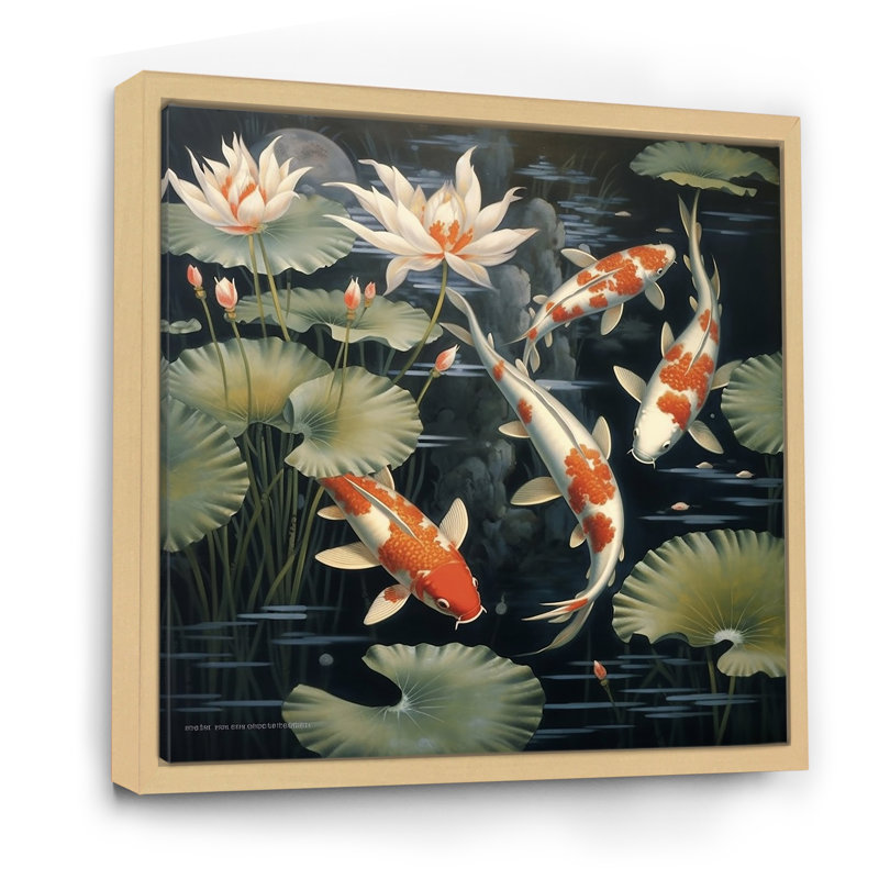 Lotus et poisson Koi représentant la pureté - décoration murale Lotus, H 30 po x l 30 po x P 1 po, Cadre flottant érable