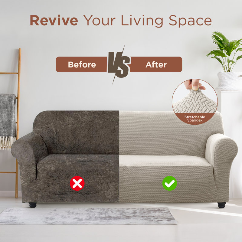 Stretch Sofa Cover with Elastic Fit – Washable Jacquard Couch Protector, Furniture Slipcover for 1–4 Seater Sofas, Beige