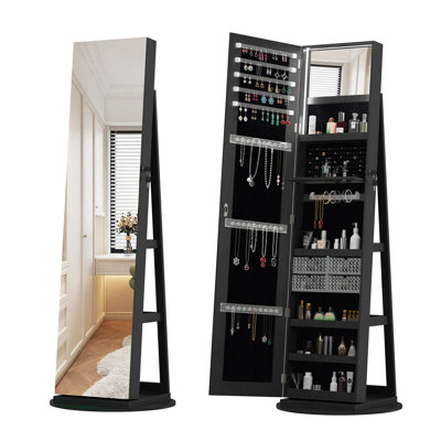 Armoire à bijoux pivotante à 360 ° avec miroir pleine longueur, organisateur d'armoire à bijoux sur pied pivotant à 360 °, armoire de rangement verrouillable, miroir intérieur éclairé, noir