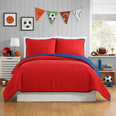 Ayer Solid Red/Blue Microfiber Reversible Quilt Set