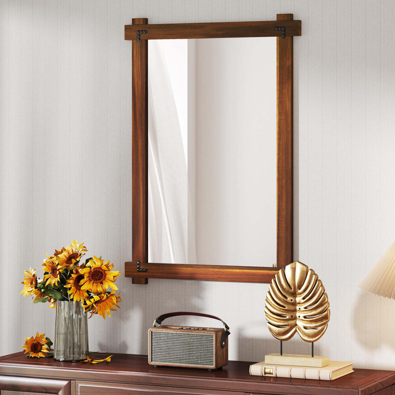 Shatterproof Wall Mirror With Acacia Wood Frame & Vintage Rivet Design, 40" x 28.5"