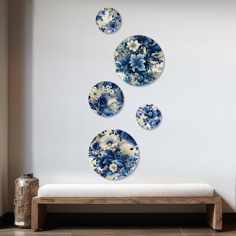 Romantic Cobalt Blue and Beige Floral Metal Wall Art Set