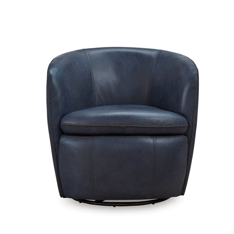 Fauteuil d'appoint pivotant Niko, conception en baril rond, cuir fleur, Cuir véritable bleu