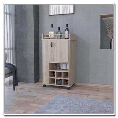 Allandale 1-Door Bar Cart with Wine Rack and Casters Light Gray