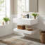 Lavabo de salle de bain flottant moderne en forme de V, lavabo mural en résine avec tablette de rangement à deux niveaux-125381321-125381315