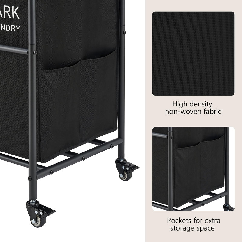 Black Metal Laundry Sorter Cart with Hanging Rack and Wheels