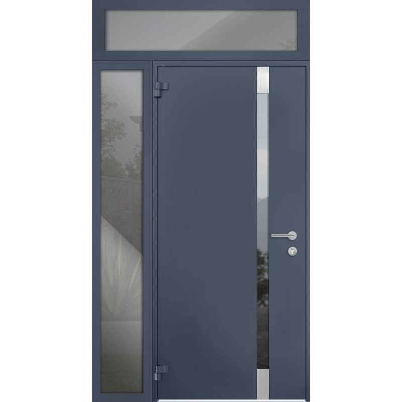 Porte d'entrée extérieure prémontée en acier Cynex 6777 grise, fenêtres latérales et supérieures extérieures, inserts en acier inoxydable, style moderne, peint, dimensions : L 81,3 cm + 30,5 cm x H 203,2 cm + 40,6 cm, ouverture à droite vers l'intérieur