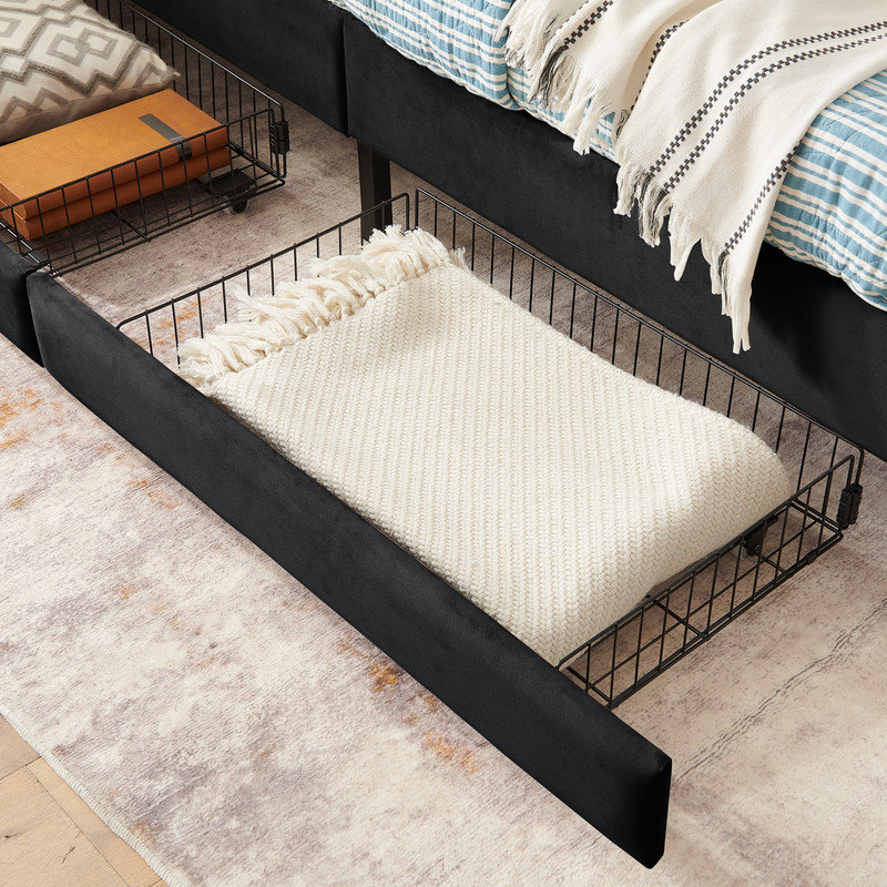 Cadre de lit plateforme rembourré pour lit simple avec deux tiroirs de rangement, canapé-lit ajustable en velours, noir