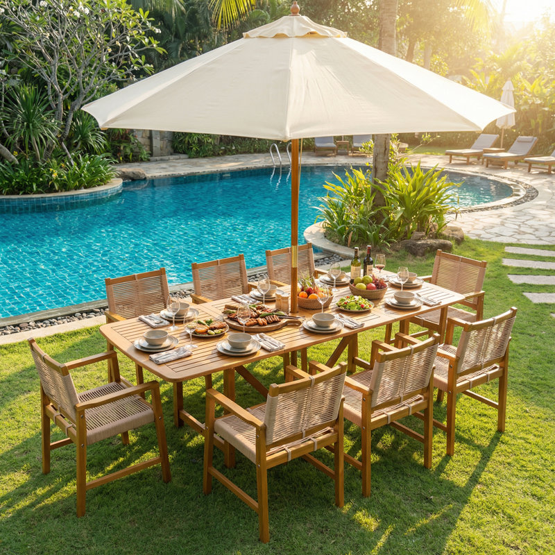  Ensemble de 9 ensembles de salle à manger d'extérieur, table rectangulaire extensible de 63 à 95 po avec trou pour parasol et 6 chaises tissées à la main, utilisation respirante toutes saisons et installation sans effort - naturel, pour 6 à 8 personnes