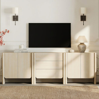 Glorian 3-in-1 Modern French Modular Wood TV Stand With Rounded Edges, 2 Cabinets & 3 Drawers Push-Open For 105" TV, Beige