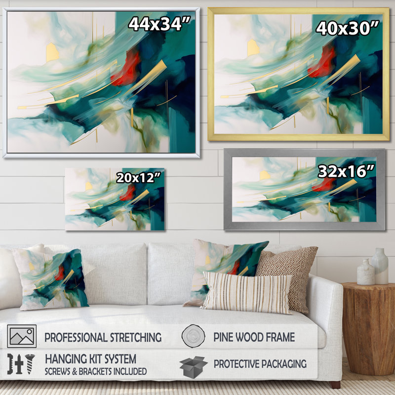 Motif géométrique vert et or Motion III - formes abstraites, salon_105667, H 24 po x l 32 po x P 1 po, Cadre flottant noir