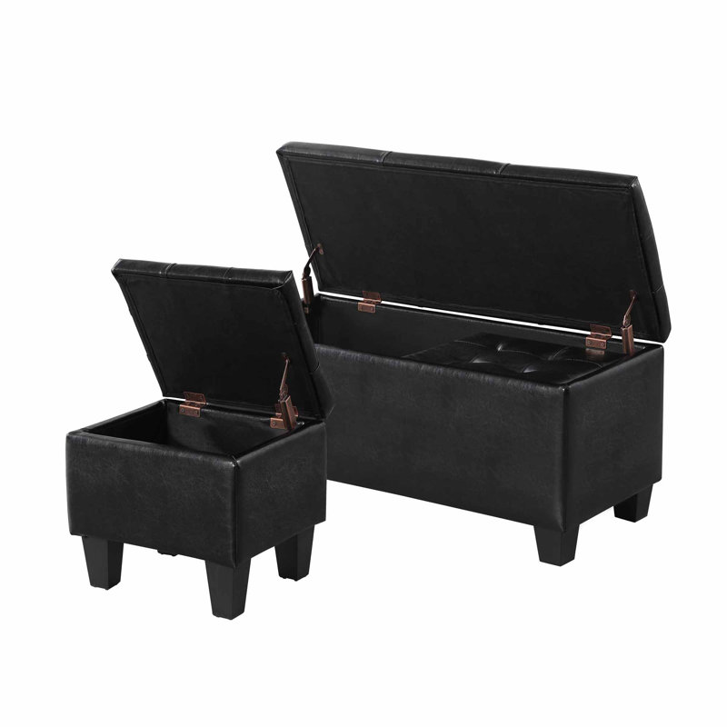 Repose-pieds de rangement rembourré 3 pièces Deiara, Tissu noir