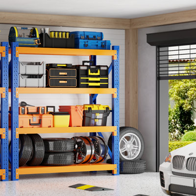 Étagères de rangement à 4 niveaux, étagère de garage robuste de 79 po, système de tablettes en métal industriel réglable, capacité de 5 000 lb, range-outils pour garage, atelier, l 60 po x P 24 po x H 79 po, bleu et orange