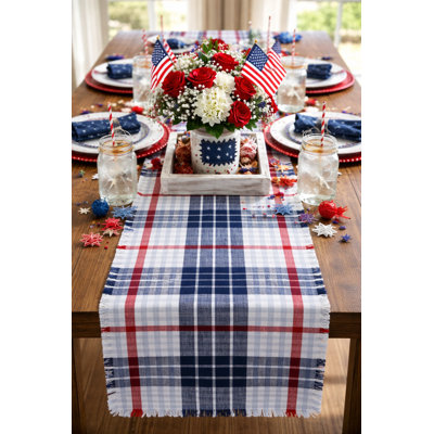 Patriotic Table Runner 14" W X 72" L, Blue Multi Plaid Cotton Table Cover With Fringe
