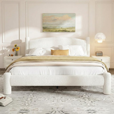 Full Size Boucle Bed Frame, Upholstered Platform Cloud Bed with Soft Round Headboard & Cylindrical Legs, Heavy Duty & Noise Free, No Box Spring Needed, Easy Assembly