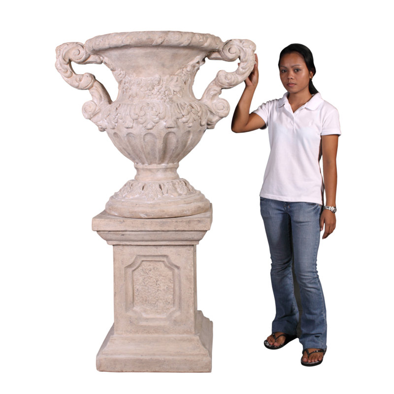 Elegant Stone Resin Floral Scrolled Urn with Base, 59" Tall
