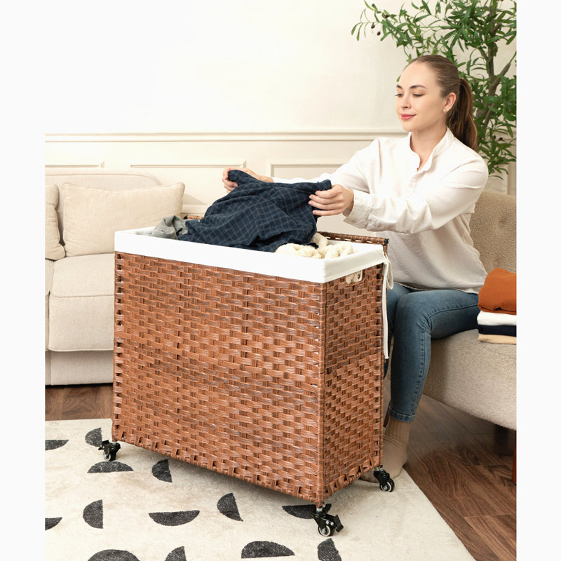 Panier à linge avec couvercle PE en rotin thermolaqué Cadre paniers à linge avec 02 sacs amovibles, roues, 160L, Brun