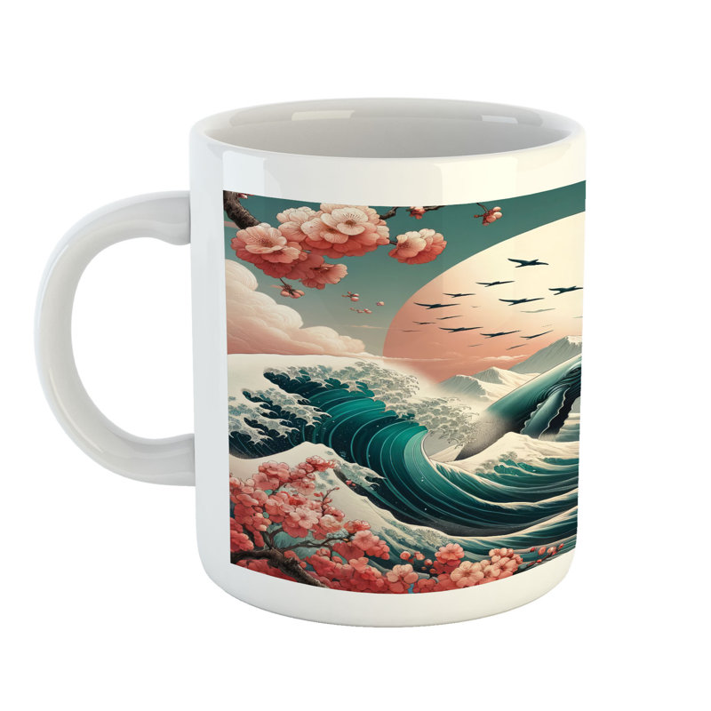 Wrought Studio Nautical Ceramic Coffee Mug Whale Sakura Spring Ocean 11 oz Teal Blush and Dark Coral