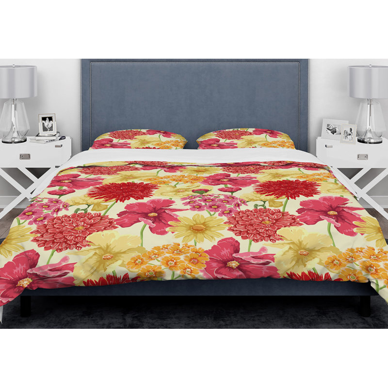 Ensemble de housse de couette designart fleurs, Housse de couette très grand + 2 taies décoratives