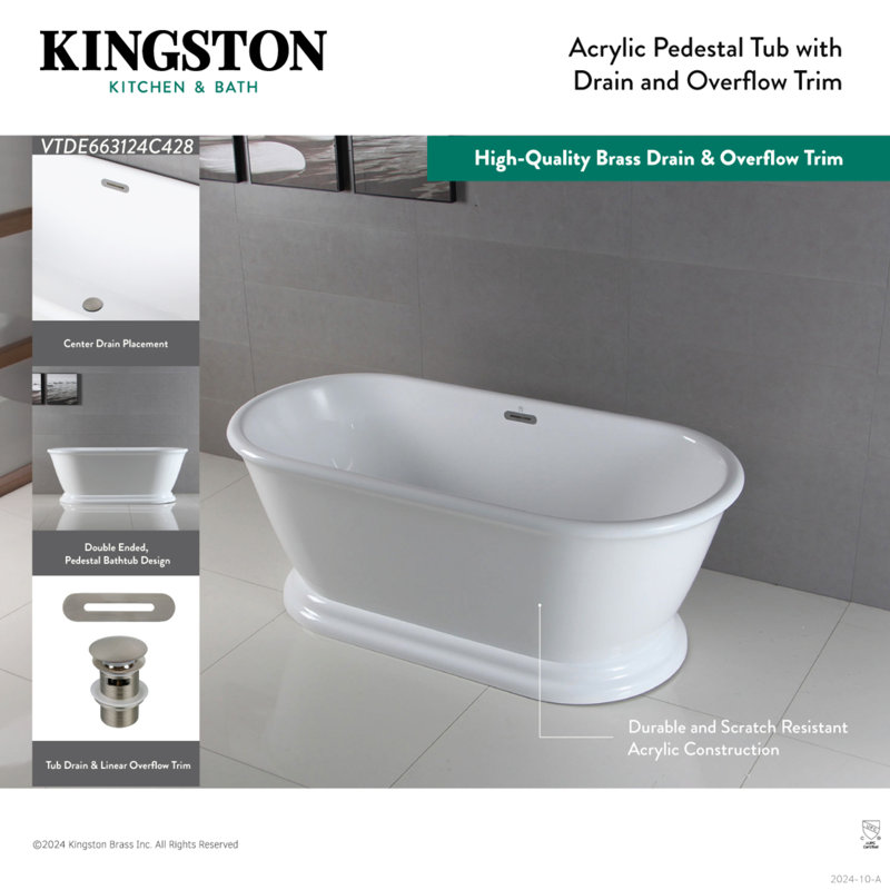 Baignoire piédestal ovale en acrylique à double face avec drain Kingston Eden, Laiton brossé
