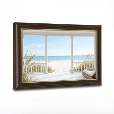 Art mural antique sur toile encadré doré pour le salon, la chambre à coucher, le bureau ou le vestibule - Décoration murale décorative avec vue sur la plage