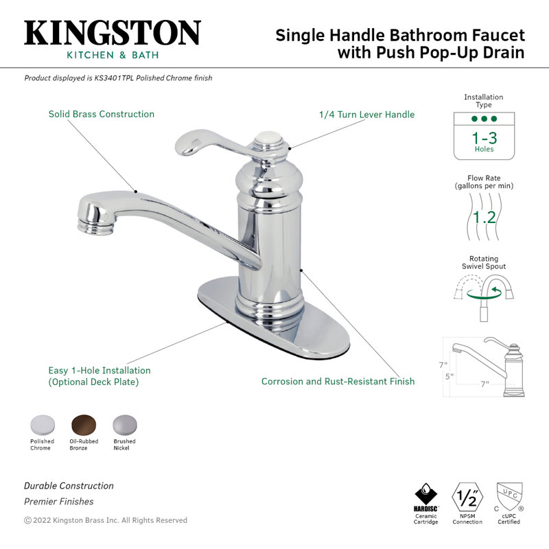Kingston Brass Templeton Single-Handle 1-Hole Deck Mount Bathroom Faucet with Push Pop-Up, Polished Chrome