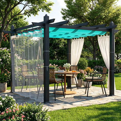 Pergola extérieure 10 x 10 pi avec auvent et filet latéral - Pavillon en aluminium gris amélioré pour la cour, le patio et le porche, bleu et blanc