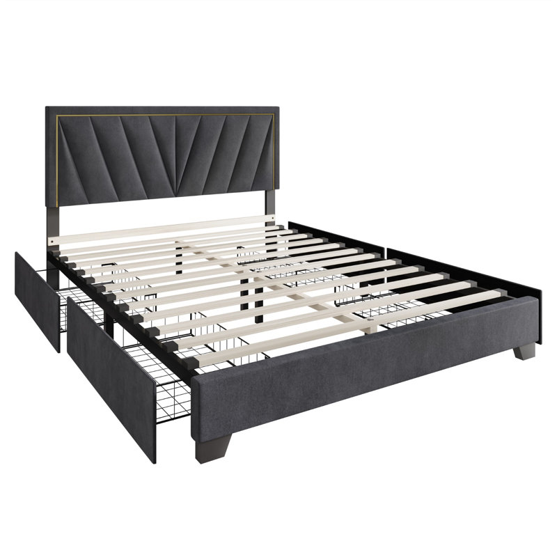 Lit plateforme tapissier avec rangement Jannean, Gris foncé, Complète