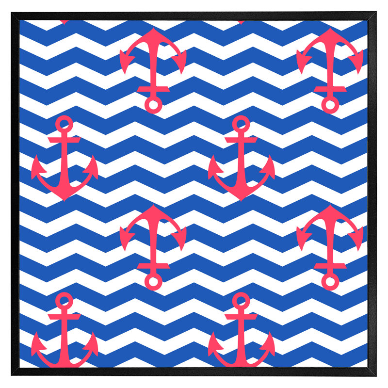 Armya Anchors On Zig Zag Stripes - Single Picture Frame Print, Black Framed, 61cm H x 61cm W
