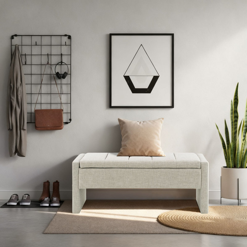 Banc de rangement en tissu entièrement en lin, Gris clair