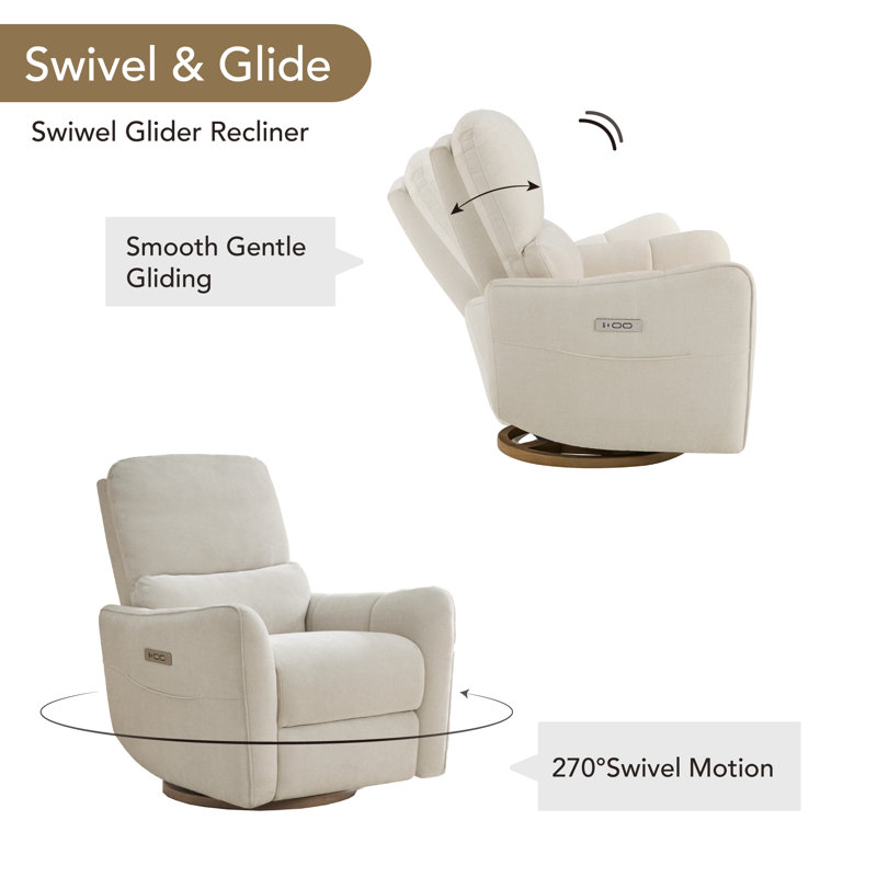 Modern Swivel Power Recliner With USB & Type-C Charge, Side Pocket, And Solid Wood Swivel Base, Cream