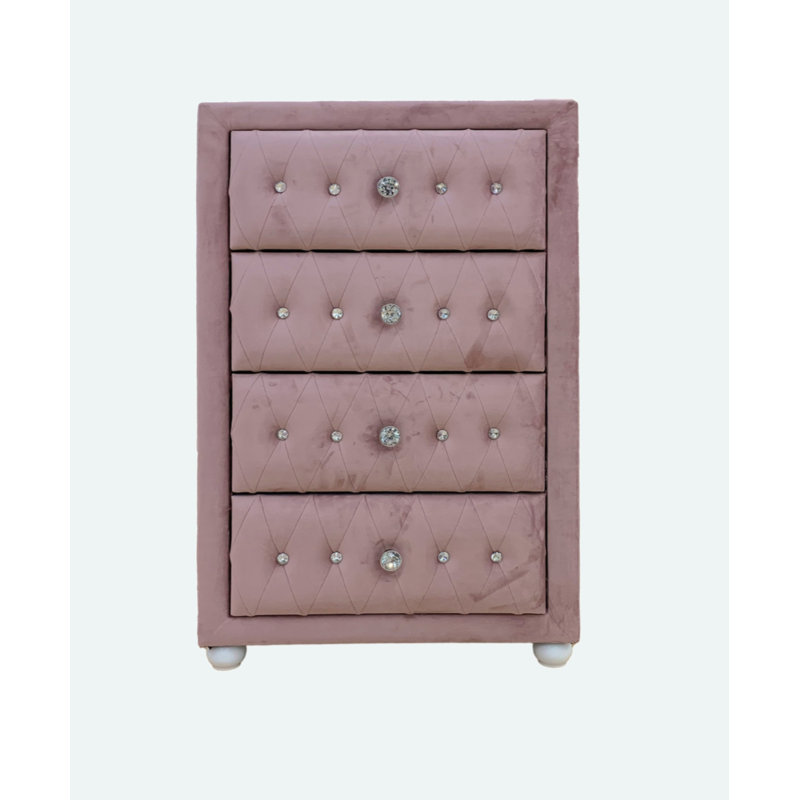 Commode rembourrée Maricelys avec capitonnage à boutons et pieds en bois