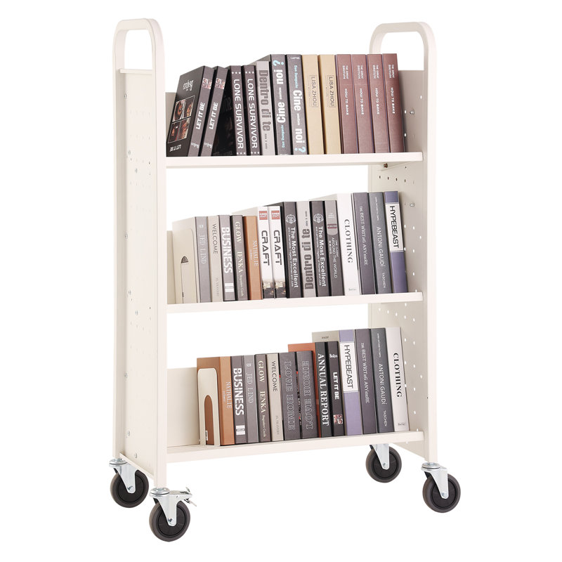 White Double-Sided Rolling Book Cart with Lockable Wheels