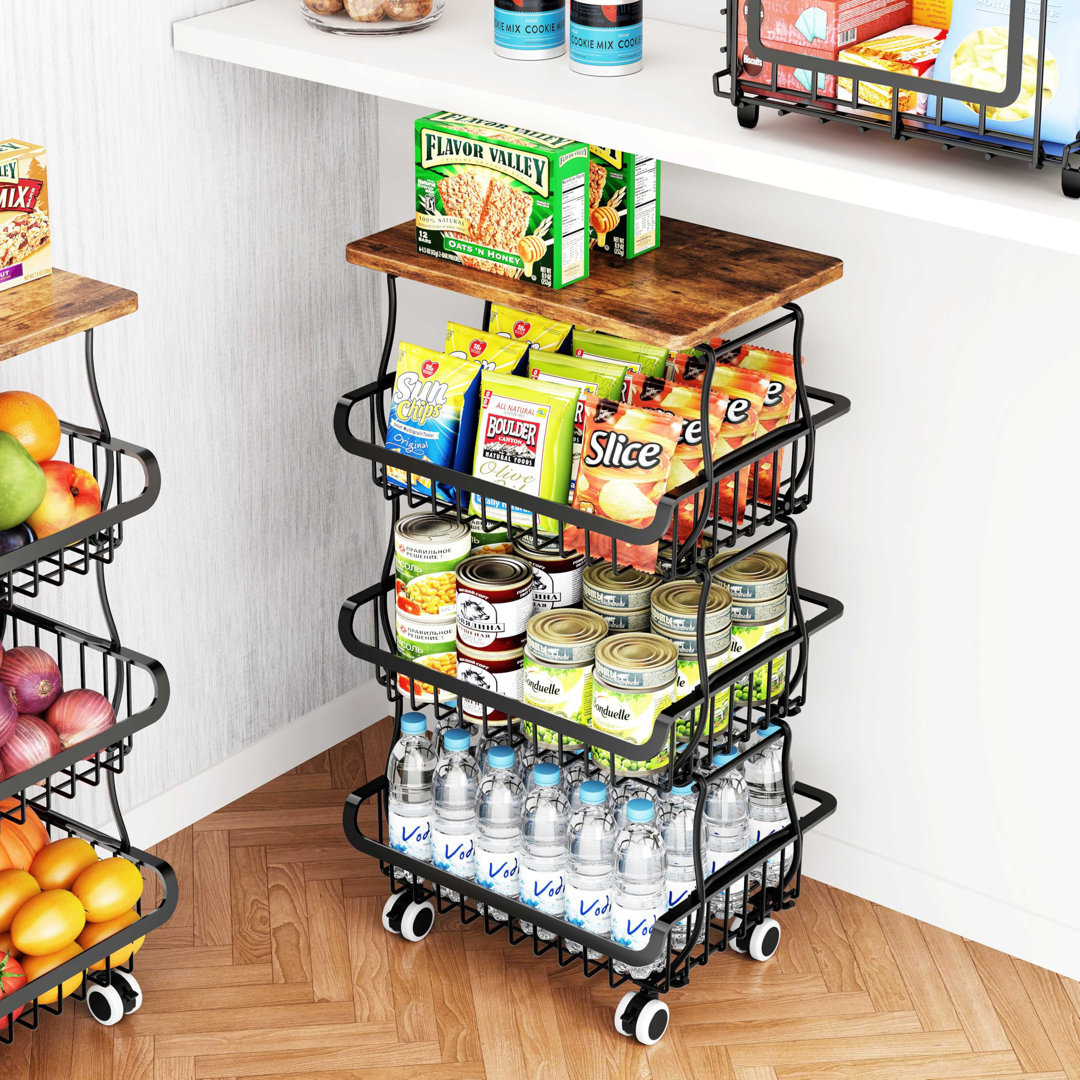 4 Tier Pantry Organisers And Storage Cart With Rolling Wheels, Stackable Metal Baskets For Pantry Shelves, Kitchen Fruit Basket Stand And Storage Rack