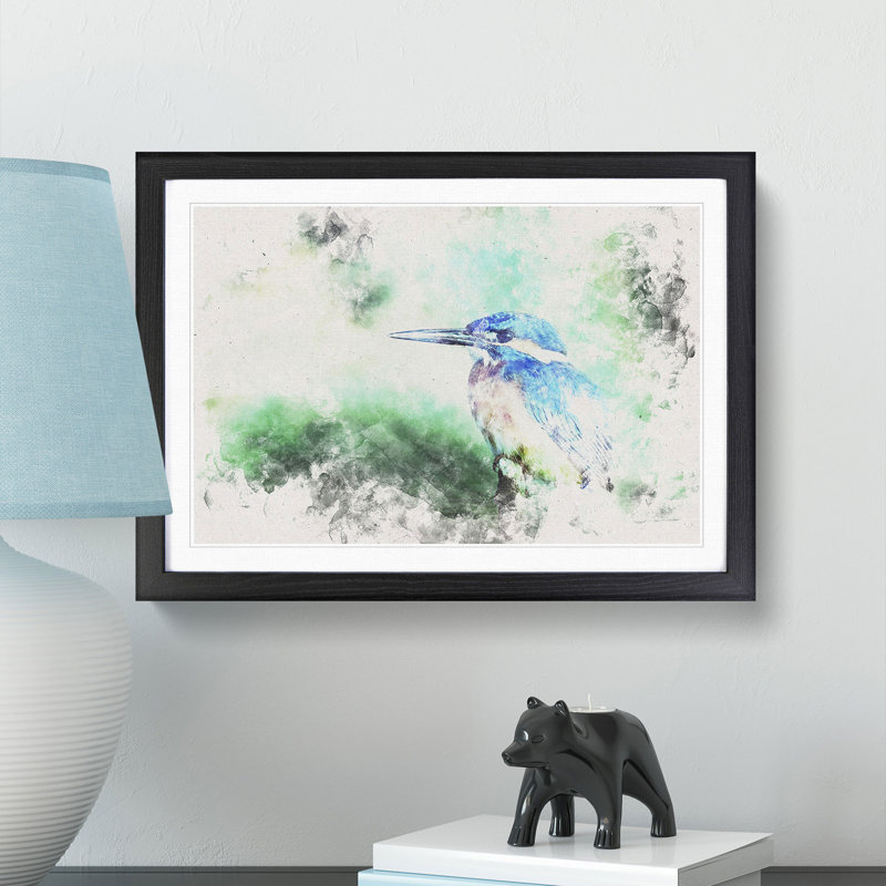 The Kingfisher Bird Looking West Watercolour - Picture Frame Graphic Art Print, Black Framed, 40cm H x 60cm W x 2cm D