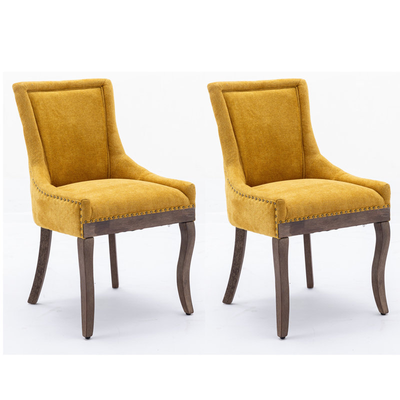 A&a furniture ultra side dining chairs | set of 2 | thickened fabric, solid wood legs | bronze nailhead, Yellow, Brown