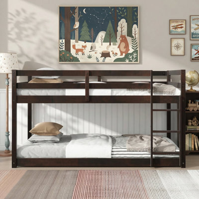 Sailvan Twin over Twin Floor Bunk Bed with Ladder, Solid Wooden/Solid Rubber, Upper and Bottom Bed Platforms crafted with Strengthened Slats