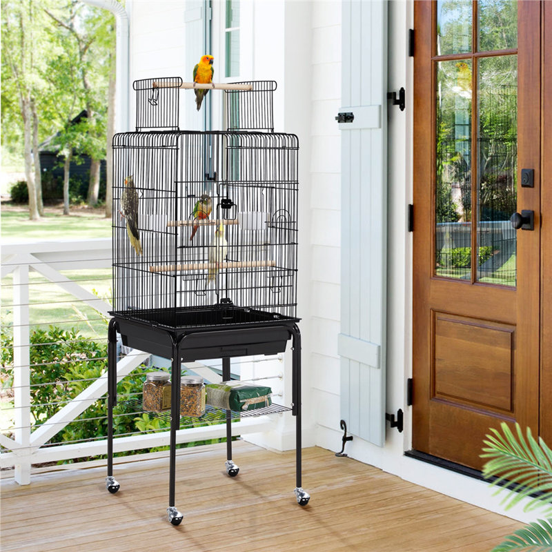 136cm Iron Play Top Floor Bird Cage with Wheels, Black