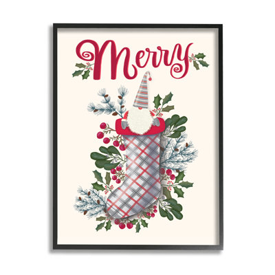 «Merry Sentiment Christmas Gnome in Plaid Holly Stocking» par Darlene Seale - impression