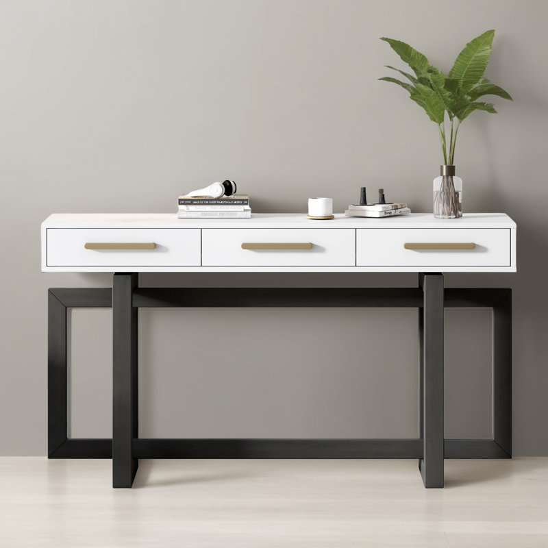 Console 57 po avec 3 tiroirs pour le vestibule, Blanc/Noir