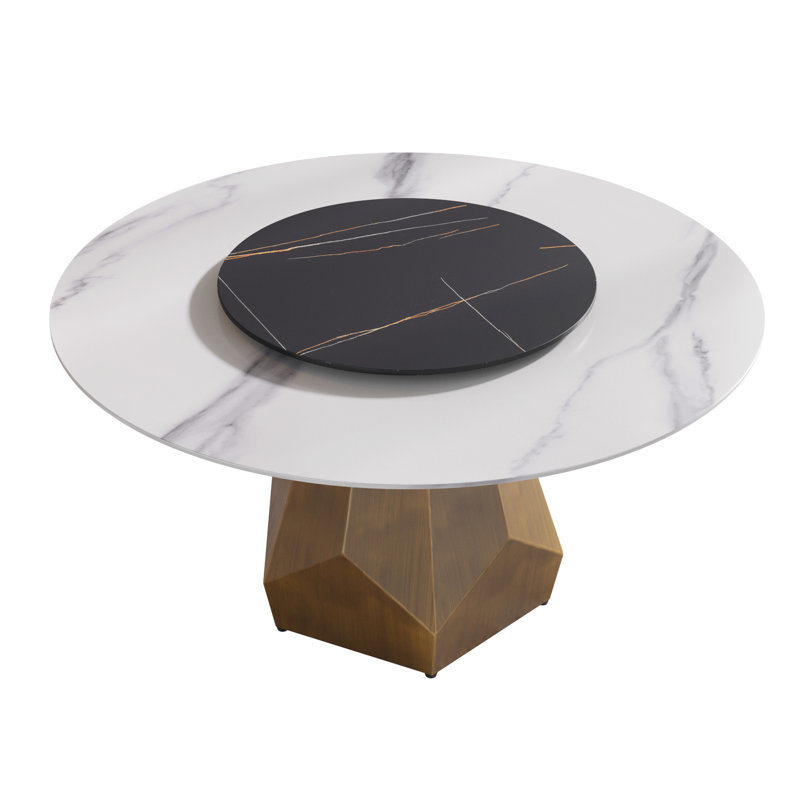 Table de salle à manger en marbre 60,44 po, base en métal, table tournante en pierre artificielle noire 31,5 po, blanc et noir, 6 à 8 sièges, pas de déformation avec table rotative rétro à haute température et design moderne