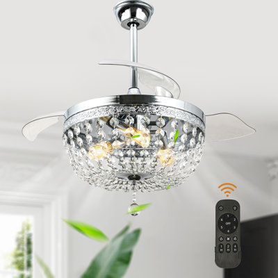 42" Modern Retractable Ceiling Fan with Lights and Remote, Reversible 6 Speeds DC Motor Glam Crystal Chandelier Ceiling Fan