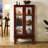 Cherry Curio Cabinet With Internal Lighting And Mirrored Back Panel Classic Display Tempered Glass Doors-2082994054-2082994052
