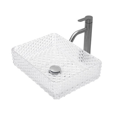 Lavabo rectangulaire à poser en verre trempé blanc, texture diamant, bonde escamotable, confort de lavage optimal, 33 cm de large, design élégant et facile à installer.