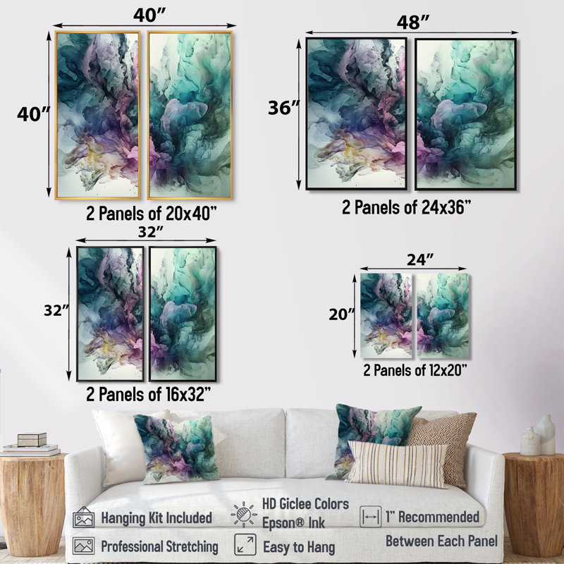 Art mural moderne sur toile vert mauve marbré, 40" H x 40" W, Impression encadrée flottante, White