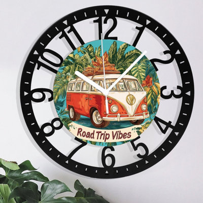 Horloge murale en métal pour le salon - 10 "Road Trip Vibes Camper Van Tropical