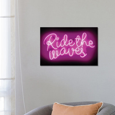 Neon Ride The Waves Pink On Black by Hailey Carr - Wrapped Canvas Print