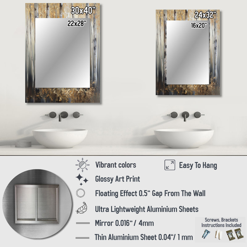 Birch Tree Forest Wonderland III - Tree Decorative Mirror, Gray Large Wall Mirror, Printed Metal Art, 32" x 24"