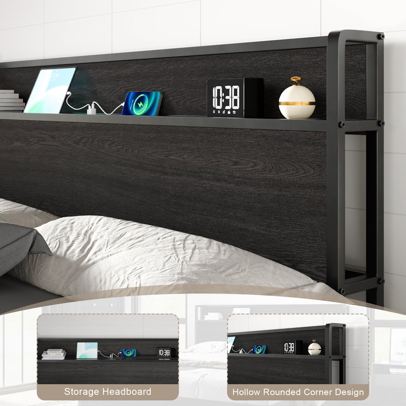 King Size Black MDF Lift Up Storage Bed Frame with Charging Station