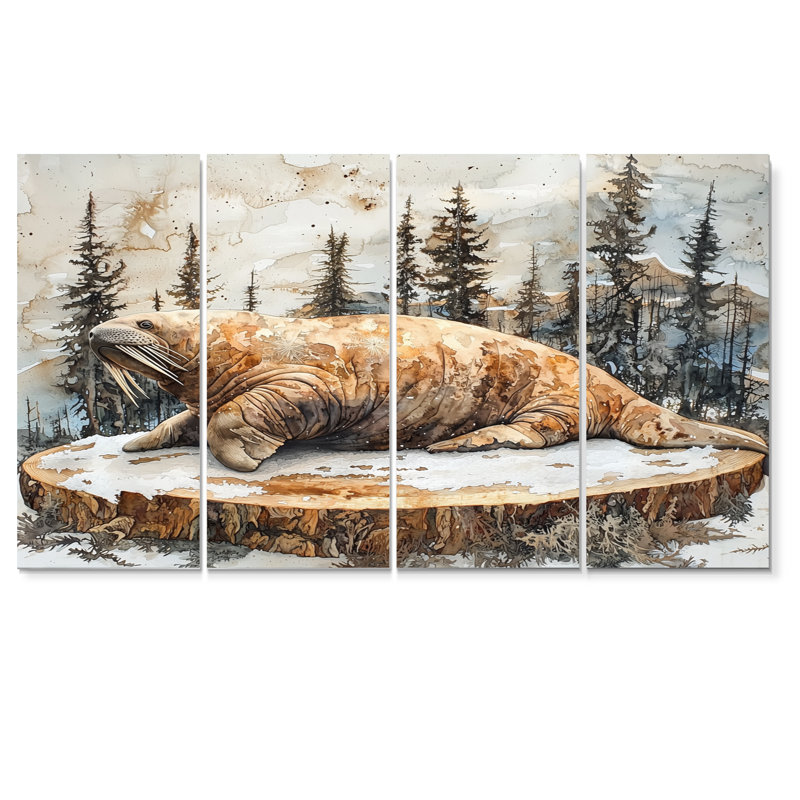 Morse canadien sur un plateau de glissoire en bois II - art mural morse - art mural moderne sur toile 4 pièces